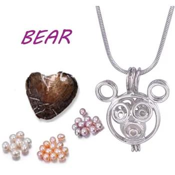 

Bear Cage Pendant Creative Animal Shape 18 inches chain Fashion Silver Plated natural oyster Pearl Jewelry Gift for women PO32