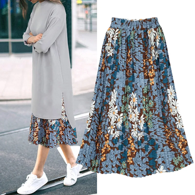 Увеличение размера плюс юбка высокая талия тонкая длинная печать плиссированная летняя юбка модные повседневные юбки
