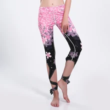 

FRECICI Bandage Yoga Pants Ombre leggings Tie up Leggings Dance Pants Yoga Tights Workout Capris 3D Pritned Bloom Pink Flower