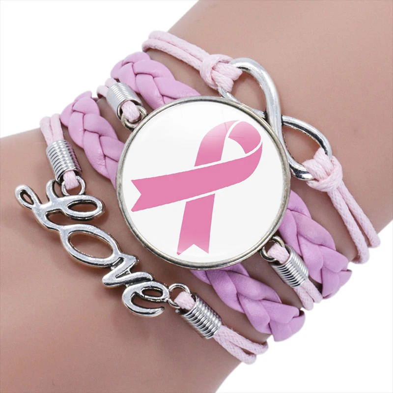 

Pink Ribbon Breast Cancer Awareness Charm Bracelet 12 Types Multilayer Leather Bangle Bracelets