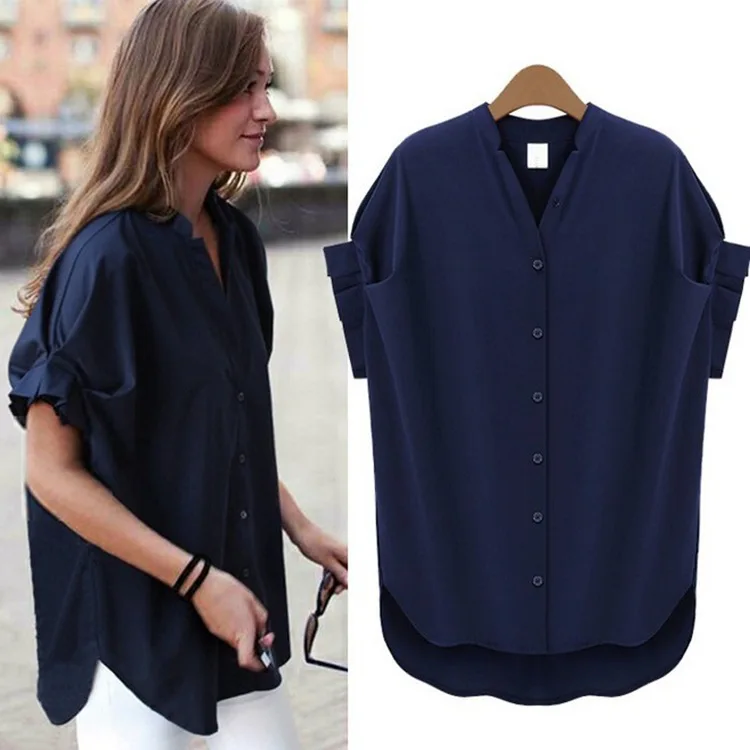 

New Style Shirts For Women European And American Summer Tops Five Solid Colors Short-Sleeved Loose Plus-Sized Chiffon Blouse