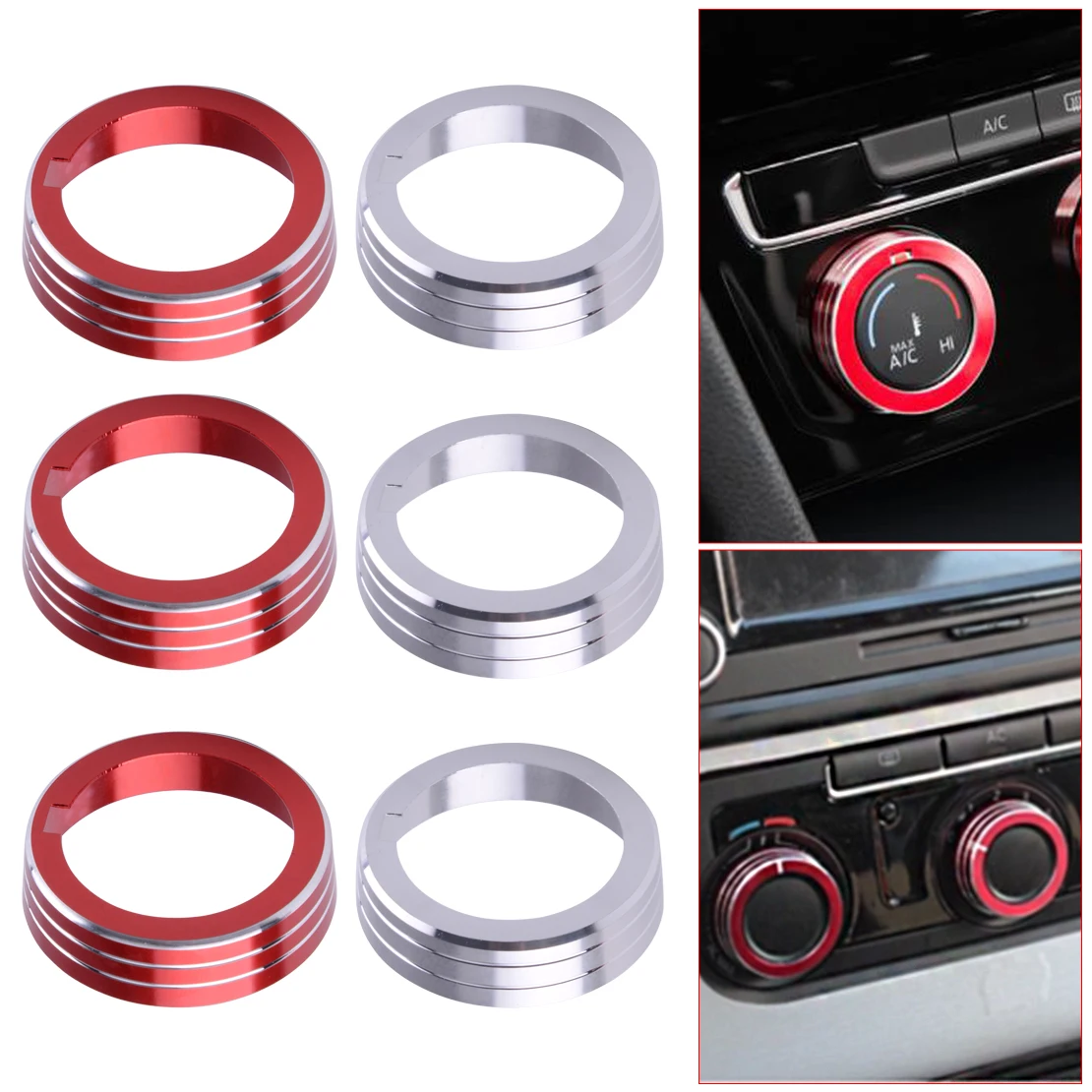 

DWCX 3pcs Car Anodized Aluminum Air Conditioning Heater Ring Knob Covers Decoration Circle Red/Silver Fit for VW Golf GTI MK7