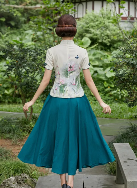 Шэн Коко зеленые цветы Топы Рубашки китайский Cheongsam блузка с принтом лотоса Mujer