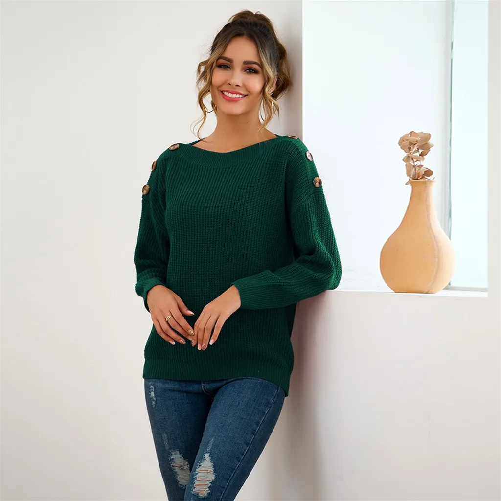 

2019 New Women Sweaters Pullover Plus Size Women Knitted Solid Button Long Sleeve O-Neck Sweater Top Winter Knitted Sweater