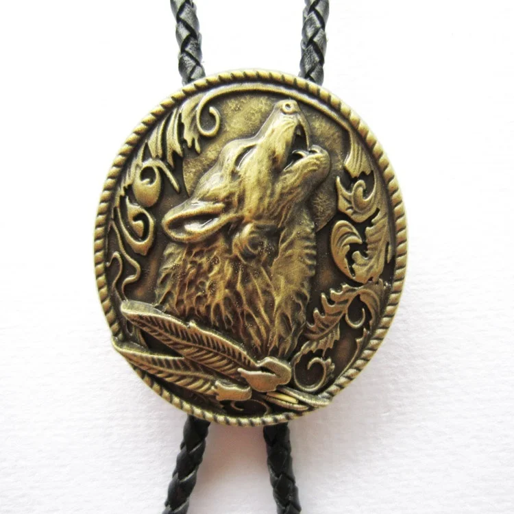 

Vintage Antique Bronze Plated Western Wolf Bolo Tie Neck Tie Wedding Leather Necklace