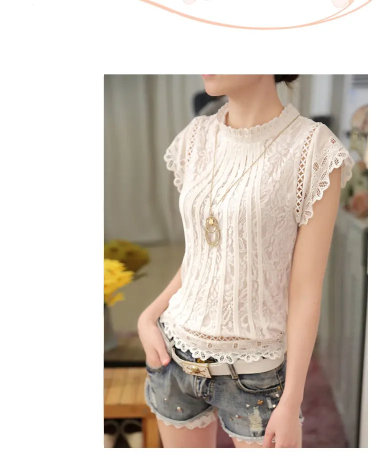 New 2016 Summer Fashion elegant solid Women Blouses Petal Sleeve Lace Chiffon O-neck Plus Size Shirt Tops 01C 35 26