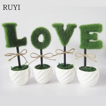 

Cute Love Simulation plants potted Flocking Green mini Grass rope decoration plants with white Ceramic pots/vase 4pcs/set