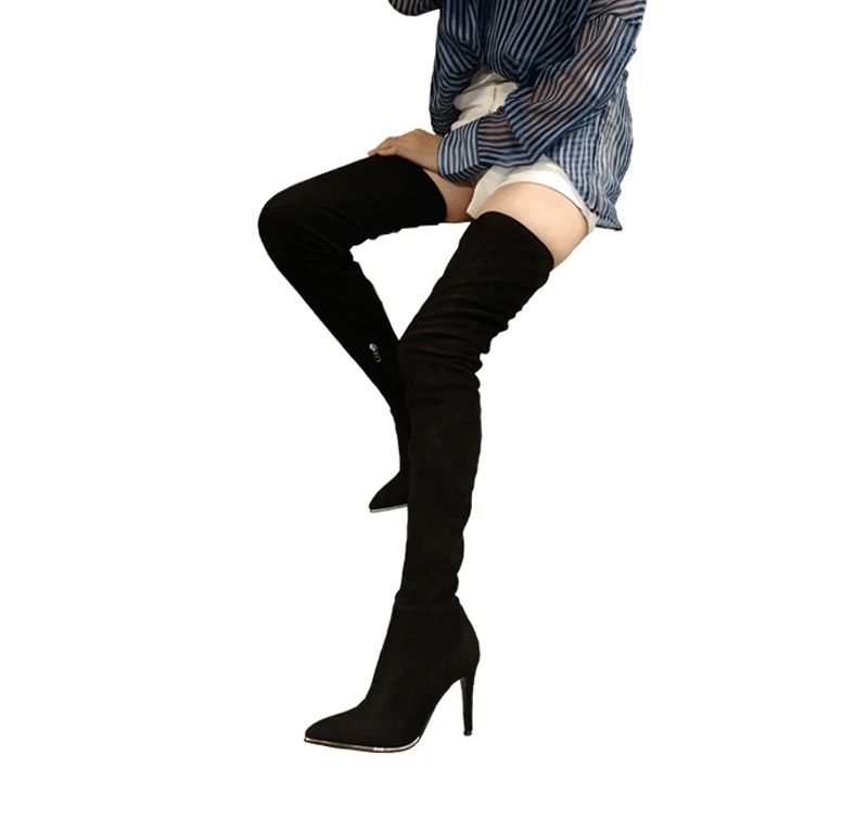 

2018 new fall and winter over-the knee long boots Woman flock thin high heel pointed toe thigh boots Super high heel long boots