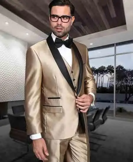 

Custom Made Groomsmen Shawl Lapel Groom Tuxedos Gold Men Suits Wedding/Prom Best Man Blazer (Jacket+Pants+Vest+Tie) Z565