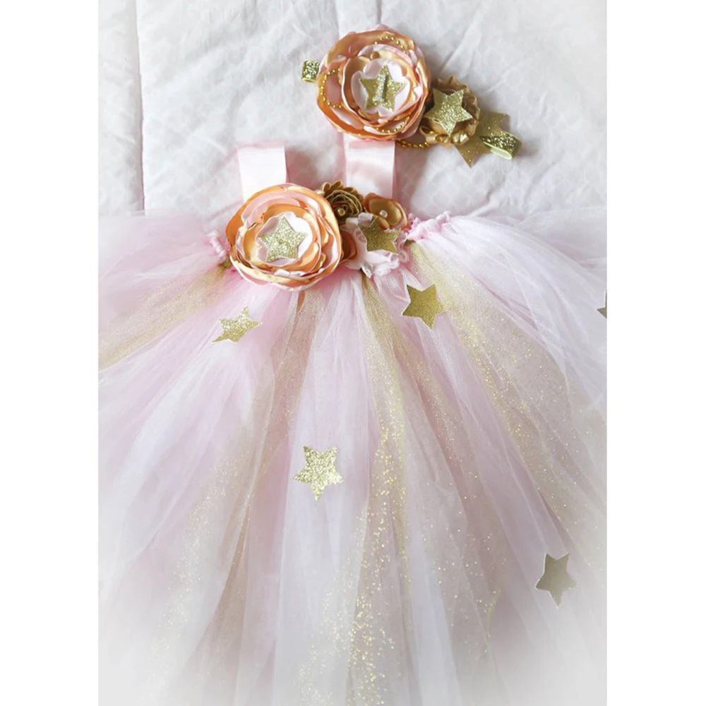 Pink Gold Flower Girl Twinkle Star Ankle Length Dress for Girls 1st Birthday Party Dress Baby Kids Mesh Tutu Solid Dress Clothes (1)