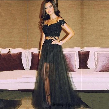 

Black Off Shoulder Short Sleeves Appliques Cheap Lace Long Evening Dresses Sexy Long Two Piece Prom Dresses
