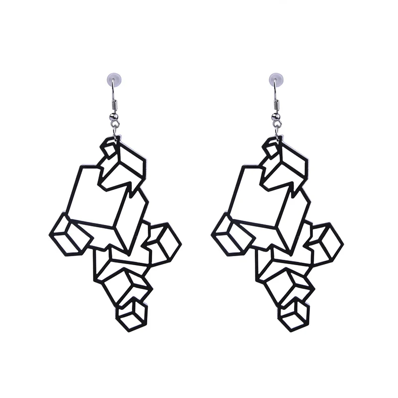 

New Fashion Stereoscopic Square Geometric Hollow Out Earrings For Women Vintage Cube Spatial Crossing Acrylic Earrings E19034