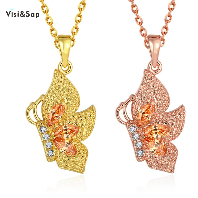 

Visisap Exquisite Butterfly Necklaces For Women Olive CZ Accessories Gold Color Insect Necklace Pendants Chains Jewelry VCN131