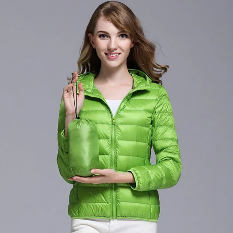Женский зимний легкий пуховик с капюшоном,, однотонный, длинный рукав, на молнии, с карманами, теплое пальто, высокое качество, для фитнеса, пуховики для женщин - Цвет: Green