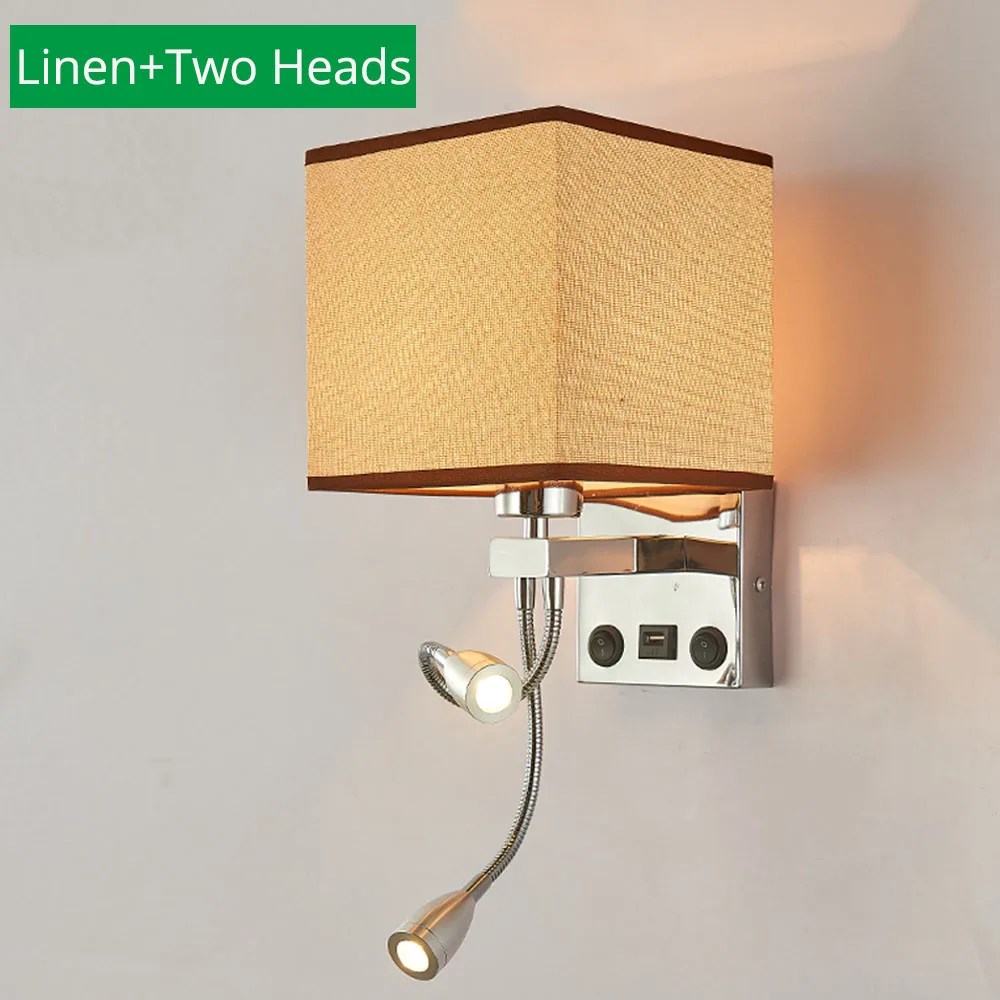 Современный светодиодный для помещений настенный светильник прикроватный спальня аппликация бра с выключателем USB E27 лампа для интерьера изголовье дома отель настенные светильники - Цвет абажура: Linen Two Head