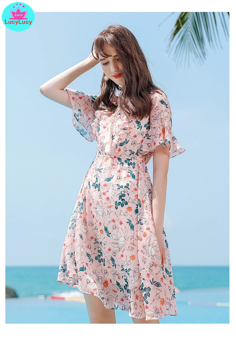 2019 summer new European and American women's   pullover print A word lady chiffon dress Knee-Length  Butterfly Sleeve