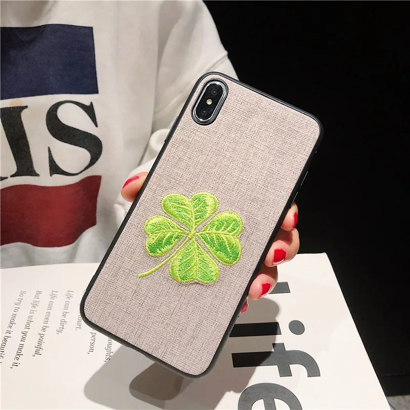 Красивый вышитый чехол с четырьмя клеверами для iPhone XS 6s 7 8 Plus XR XS Max, тканевый чехол для iPhone X, 3D чехол для телефона