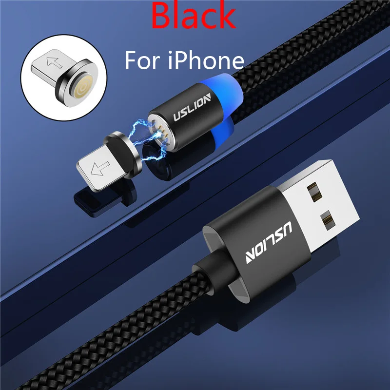 USLION 2M 3A Магнитный кабель Micro usb type C Быстрая зарядка для iPhone X XR XS 8 7 samsung S10 Xiaomi Магнитный кабель для зарядки телефона - Цвет: For iPhone Black