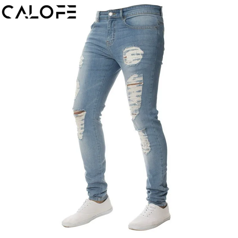 CALOFE Casual Skinny Jeans Men Fashion Solid Black Male Denim Pencil Jeans Plus Size Sexy Hole Streetwear Mens Ripped Jeans