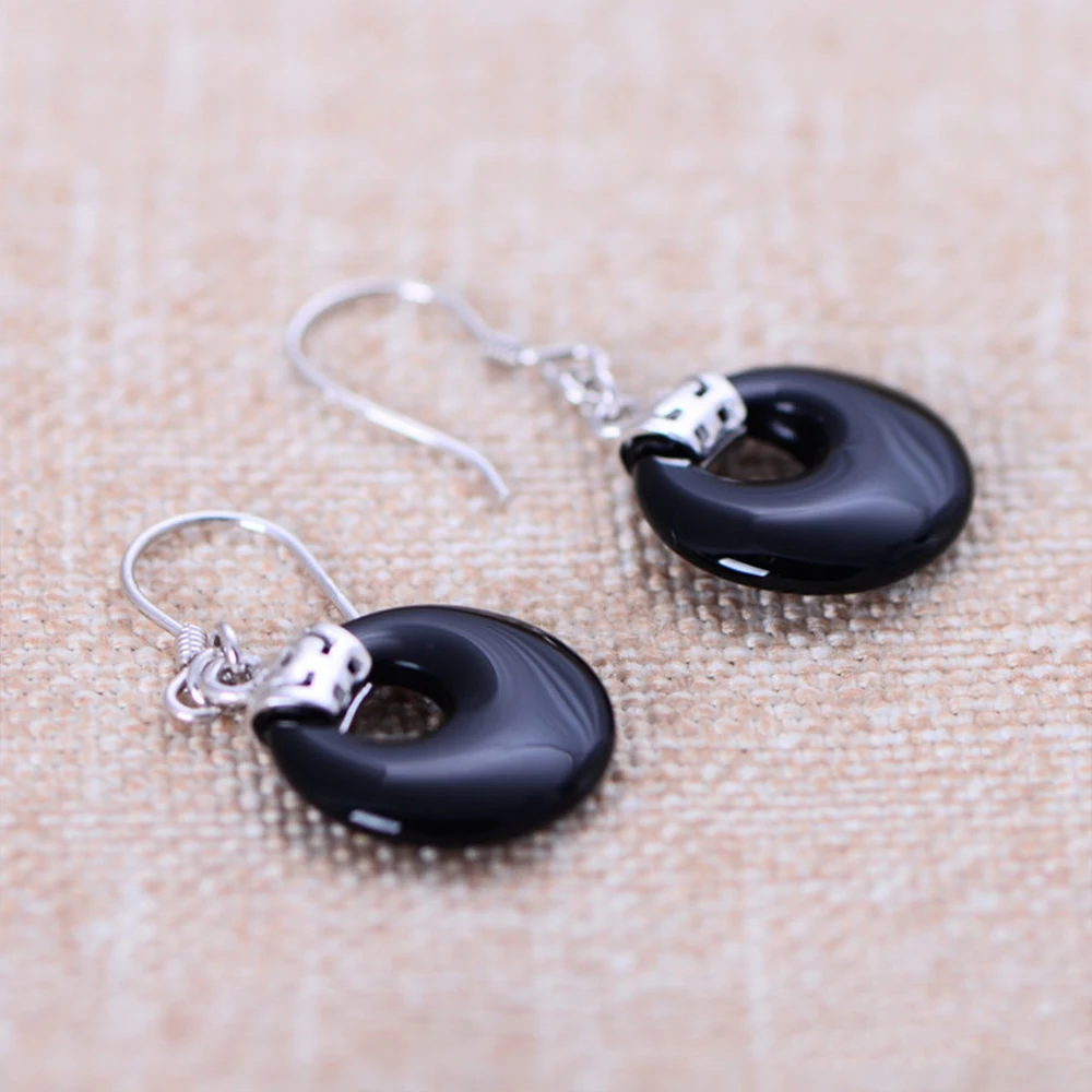 

MetJakt Natural Black/White Agate Earrings Solid 925 Sterling Silver Drop Earrings for Women's Wedding Party Fine Jewelry