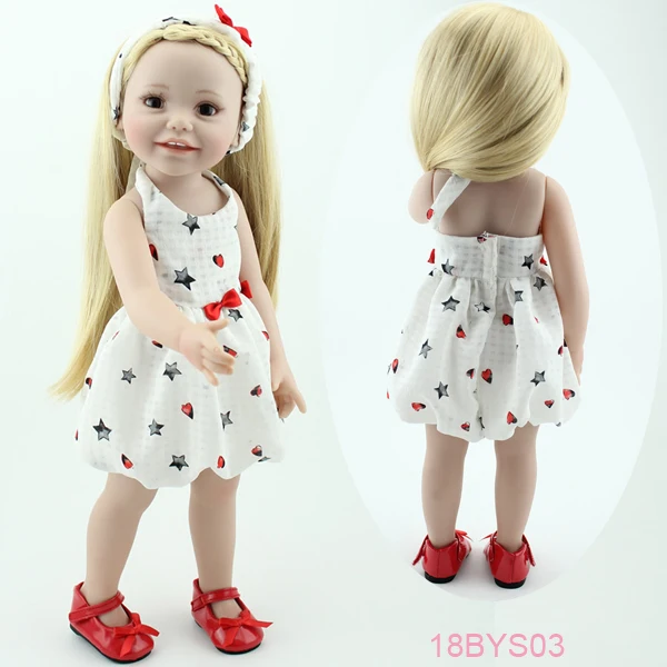 

Cutie Childs Play Doll 18 Inch Vinyl Silicone Smiling Life-like Blonde Baby Dolls With Different Dress Outfit Girl Toys For Kids