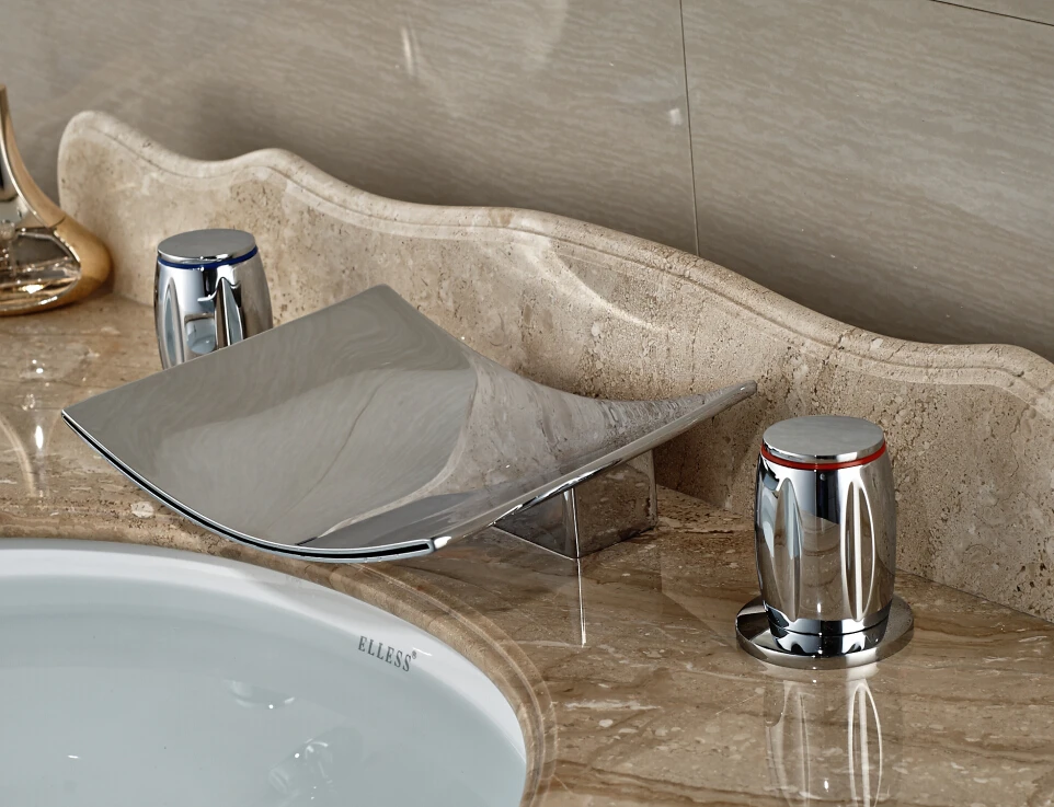 

Brief Chrome Finished Deck Mounted Bathroom Bathtub Faucet Waterfall Mixer Tap With Double Handle 3pcs