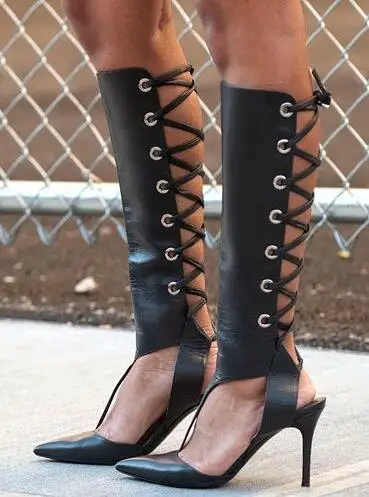 

Drop Shipping Summer New Brand Woman Cheap High Quality Black Cuts Out Gladiator Pointed Toe Knee High Long Boots Plus Size Shoe