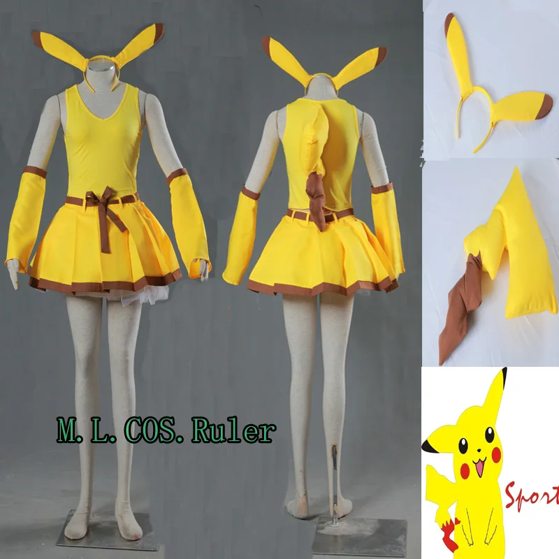 

High Quality Pocket COS Monster Cosplay Elfin Dress Costume Pokemon yellow Pretty Dress Any Size Full Suit with Headwear