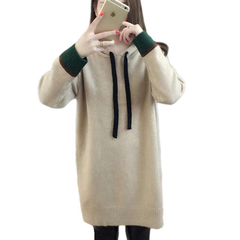 

2019 Spring Hooded Sweater Women Autumn Loose Large Size Knitwear Winter Medium Long Fashion Long Sleeve Ladies Pullover Vs350