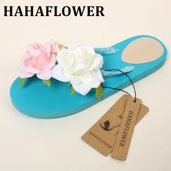 

HAHAFLOWER 2017 summer Blue flat sandals handmade DIY beach flip flps Free shipping A3