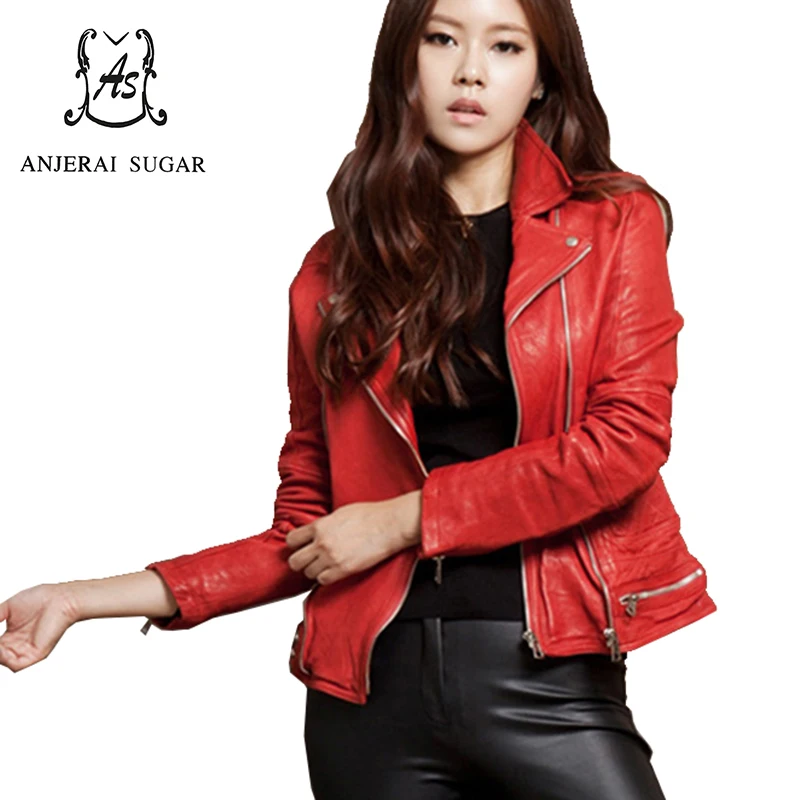 Spring genuine leather jacket women red short sheepskin motorcycle