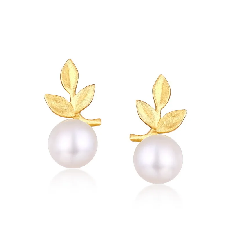 

Trendy 14K Pure Real Yellow Gold Leaf Pearl Pierced Earrings for Women Girl Fancy Solid Genuine Stud Fine Anniversary Jewelry