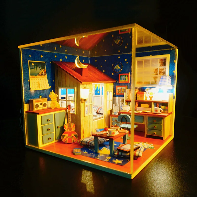 M001 Honda DIY кукольный домик miniautre ручной работы деревянный кукольный дом кабинет с крышкой