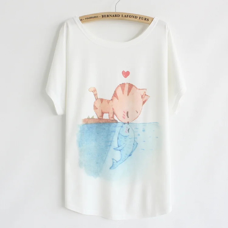 

New 2015 summer T shirt women style thin plus size loose batwing sleeve women's T-shirt cat kiss Fish/bird print Top Tees
