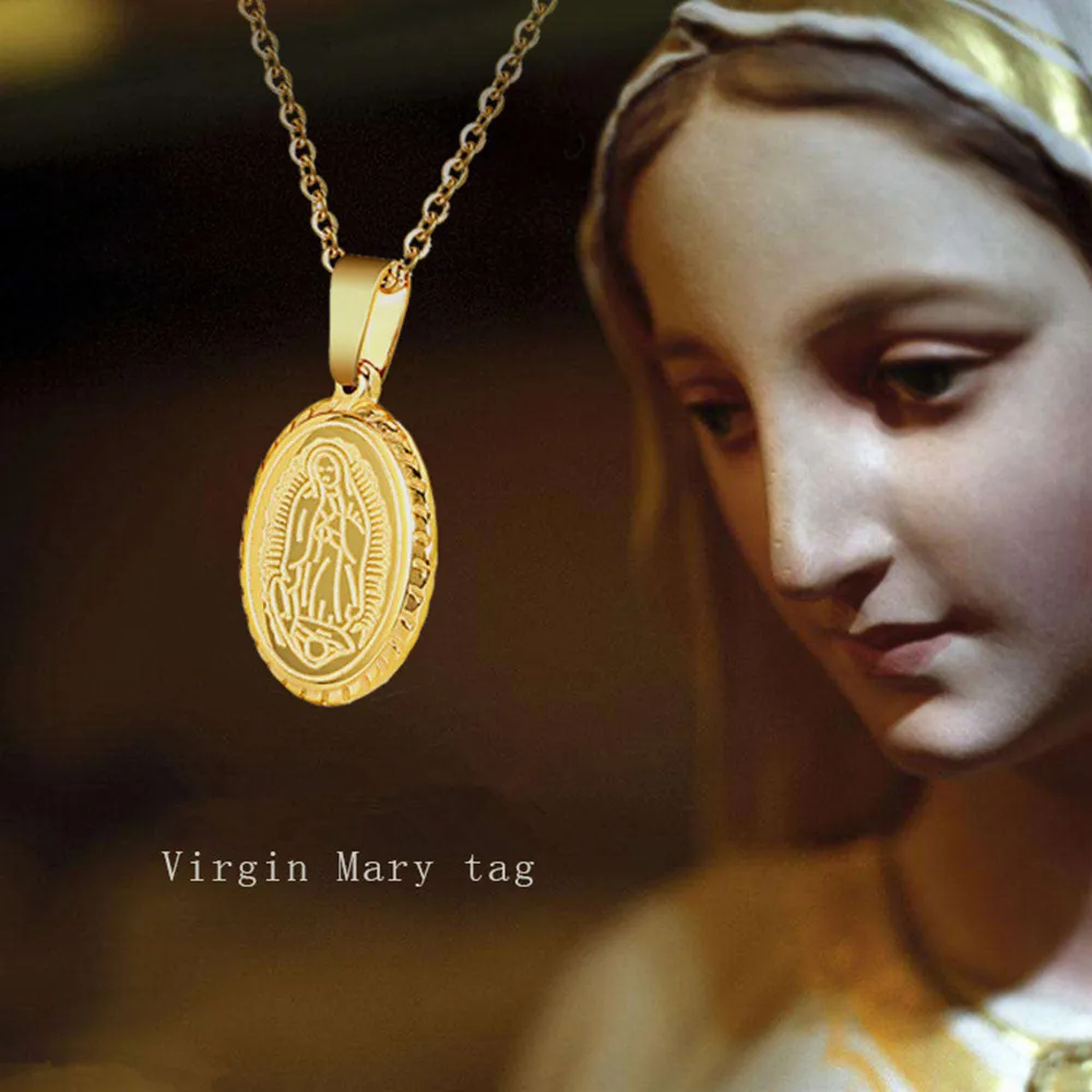 

Vintage virgin Mary pendant male and female hip hop Silver chain stainless steel necklace women Jewelry gold Oval coin necklace
