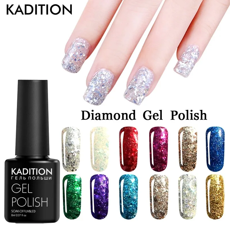 

KADITION 8ml Glitter Diamond 20 Colors Choose Nail Gel Polish Soak Off UV LED Gel Nail Top Base Coat Manicure Varnish Gel Polish