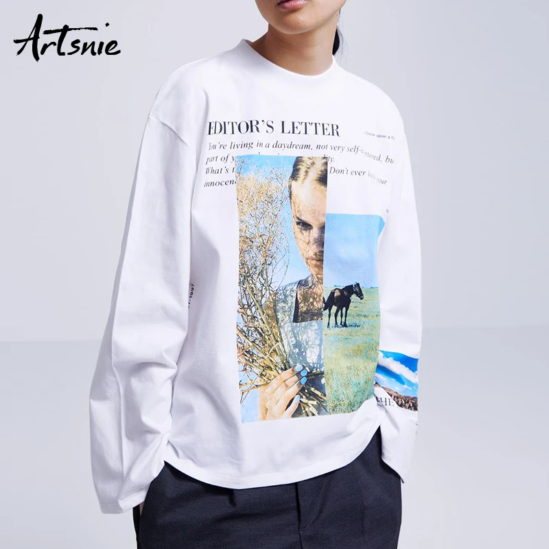 

Artsnie spring 2019 character streetwear women t shirt o neck long flare sleeve letter tee tops casual loose knitted girl tshirt
