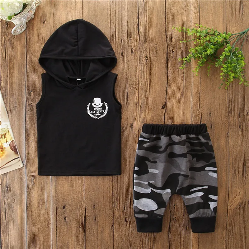 Children's clothes summer new Toddler Kids Baby Boy Outfits Letter Print Hooded Vest Tops+Camouflage Pants Set (9)