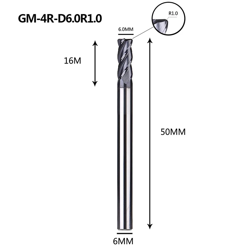 GM-4R Вольфрамовая сталь 4 флейты радиус с угловым покрытием Концевая фреза Фрезерный резак режущие инструменты для обработки металла профиль HRC45 - Длина режущей кромки: GM-4R-D6.0R1.0