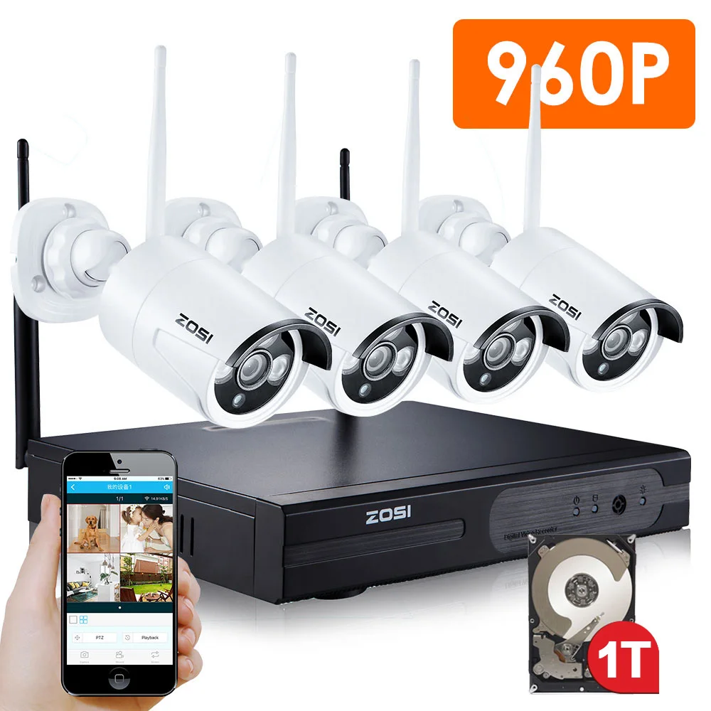 ZOSI 4CH 960P HDMI NVR 4PCS 1.3 mp IR Outdoor Weatherproof P2P CCTV Wireless IP Camera Security System Surveillance Kit 1TB HDD Wholesale Construction & Real Estate