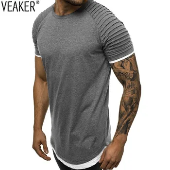 

2019 New Men's Summer Fake Two Pieces Short Sleeve T shirt Male O-Neck High Street Pleated T shirts Tops S-2XL