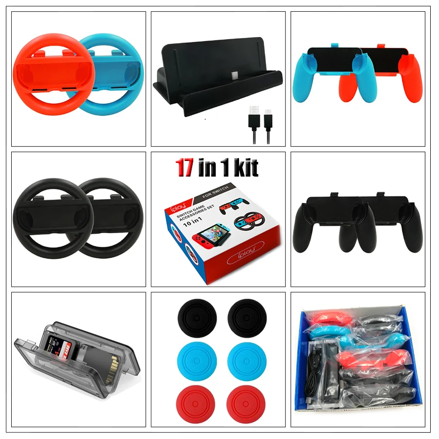 

Nintend Switch 17 in 1 Accessories Set with 4 * Steer Wheel Handle & 4 * Controller Grips Type-C Cable Charger 6 Caps + Card Box