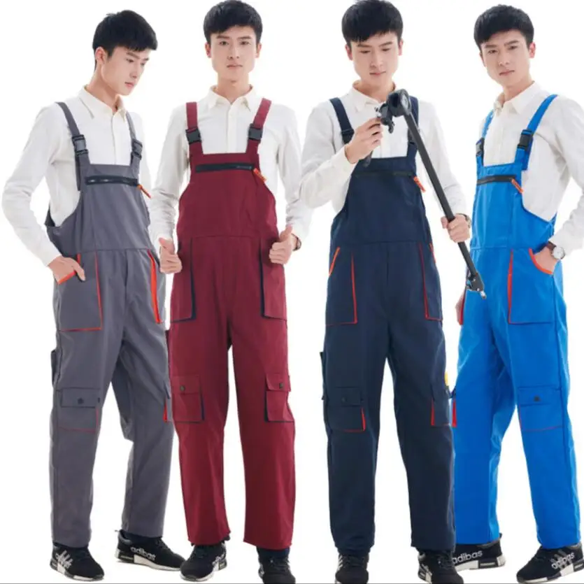 

S-4XL Workwear men's and women repairman strap jumpsuit trousers four seasons protective coverall Work blue tooling bib pants