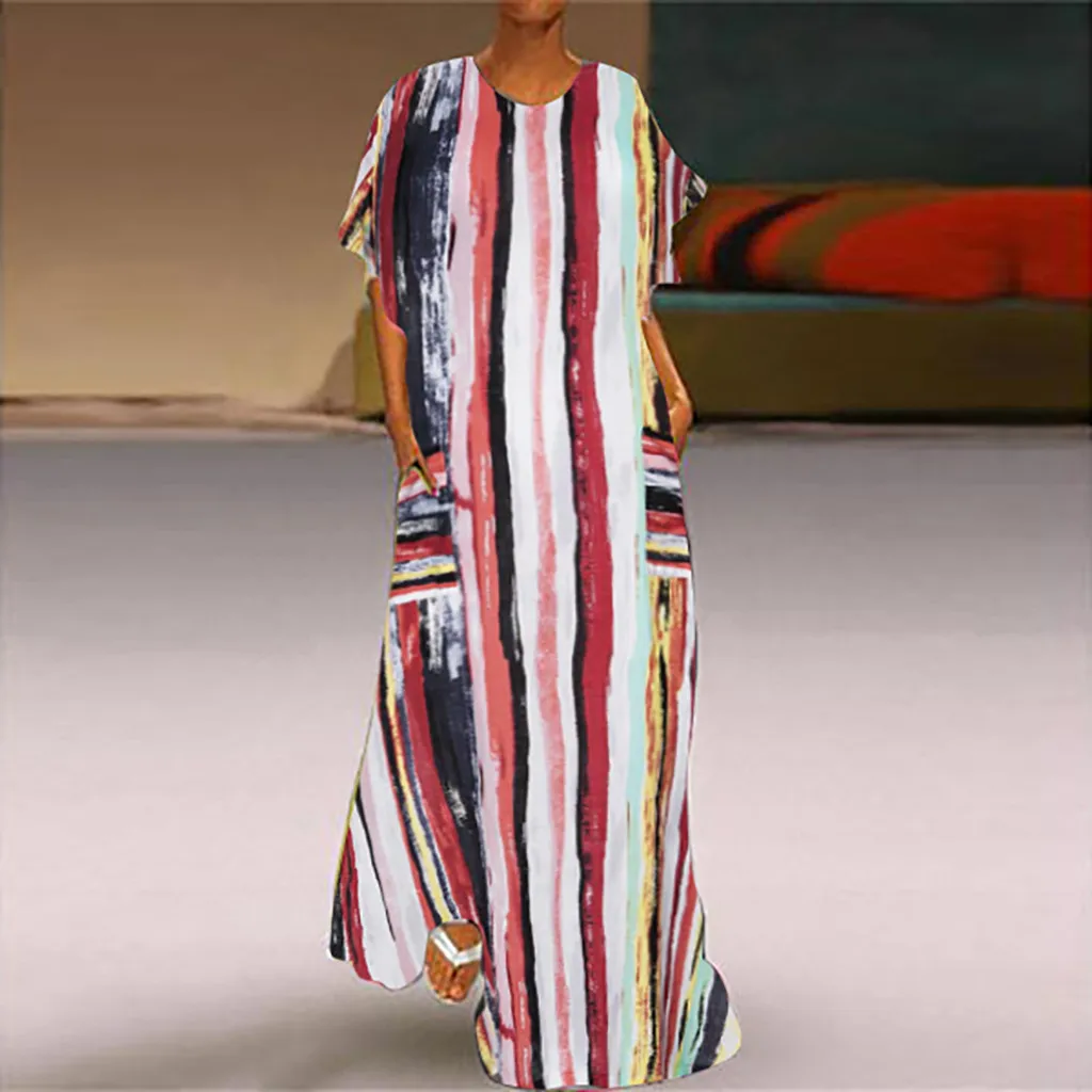 

2019 Summer Beach Maxi Dress Women Print Boho Vestidos Women Vintage Stripe Print Short Sleeve O-Neck Plus Size Pockets Dress