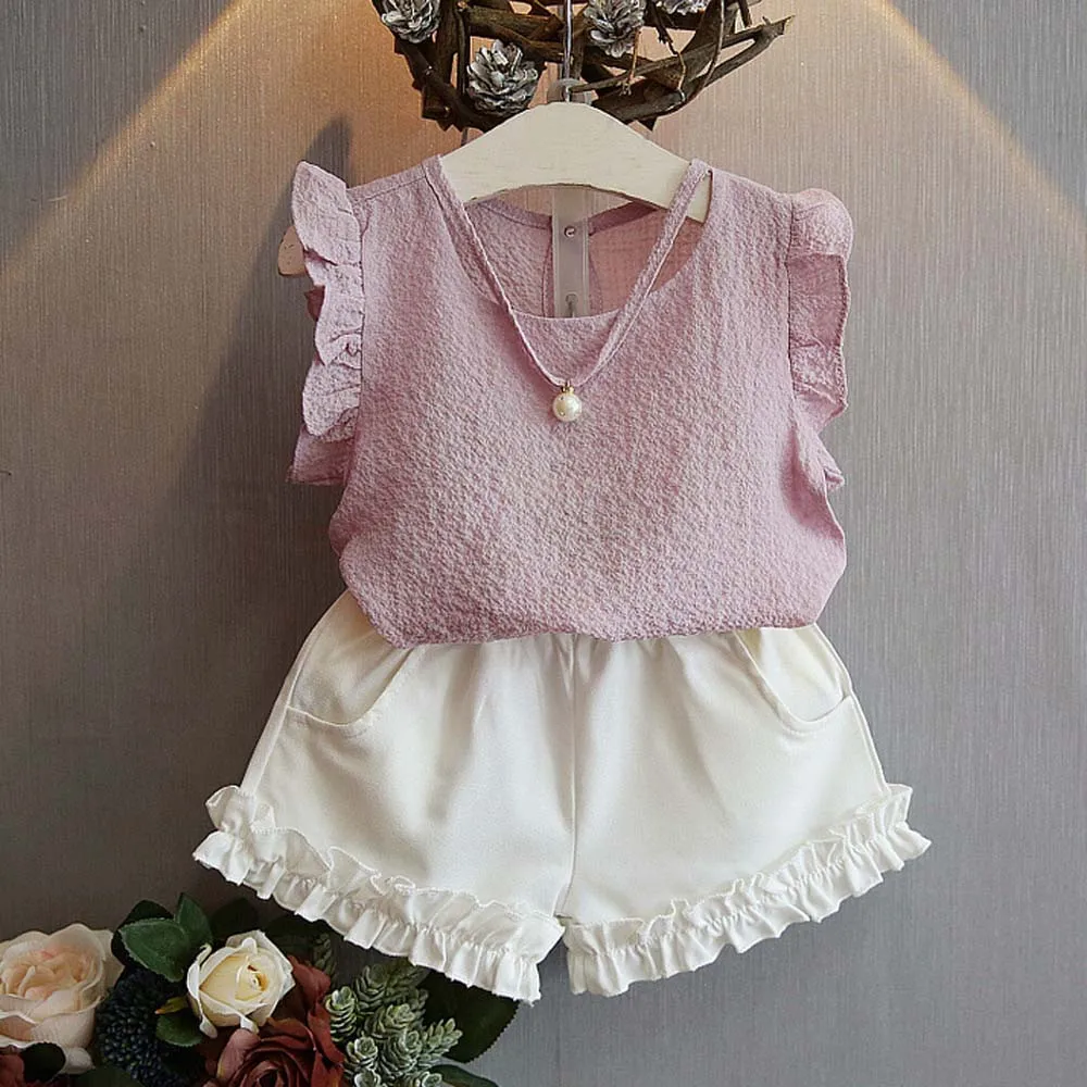 

New summer children's suit girls flying sleeves pearl pendant T-shirt shorts suits casual fashion sports children's clothing