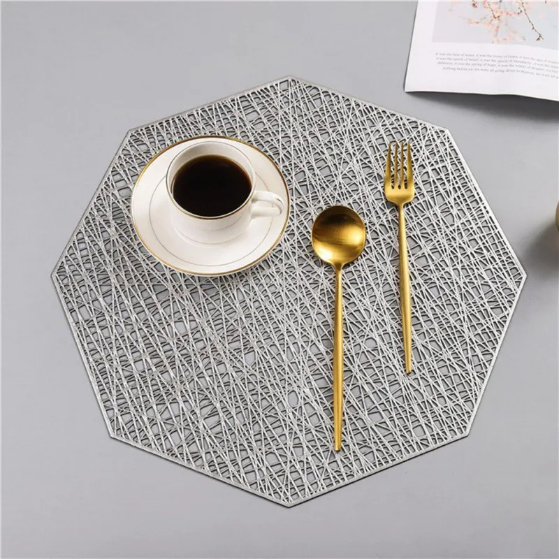 

New Solid Color Simple Japanese Style Placemat PVC Octagonal Hollow Insulation Table Pad Anti-slip Individual Table