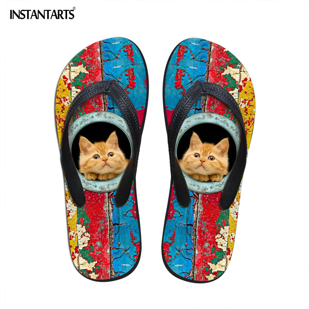 INSTANTARTS Cute 3D Animal Cat Dog Printed Men Summer Slippers Beach Flat Flip Flops for Teen Boys Man Rubber Non-Slip Flipflops |