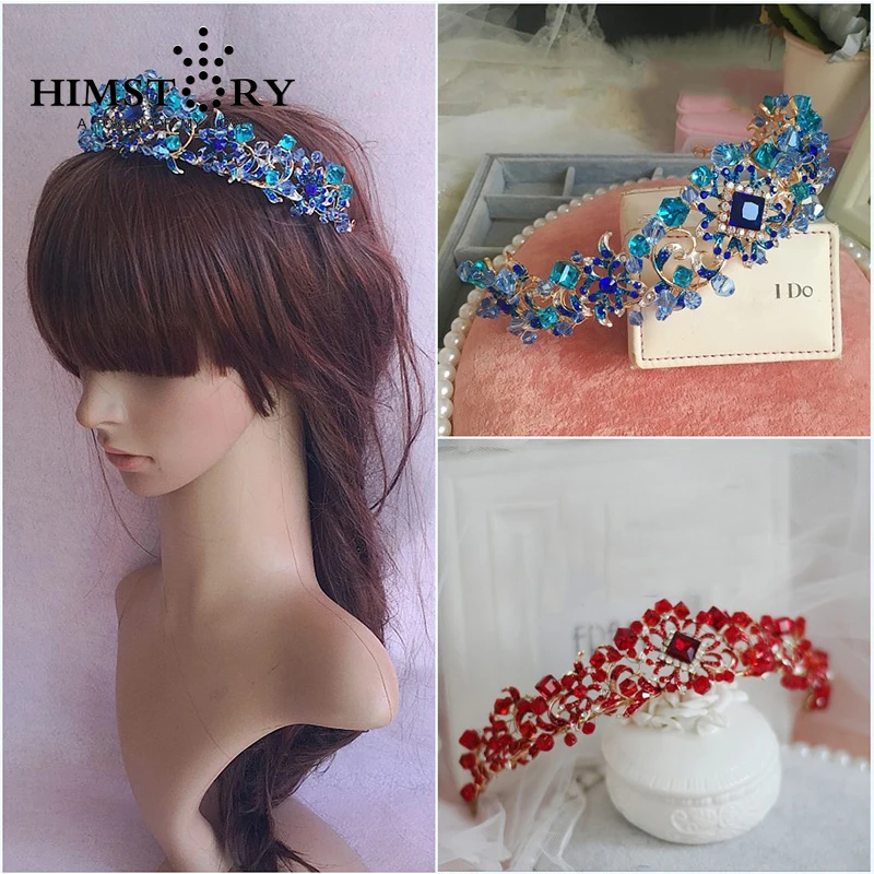 Handmade Elegance Crystal Crown Tiara Blue/Red Princess Strass Ornamenti Per Capelli Hairband Prom Bride Accessori Da Sposa