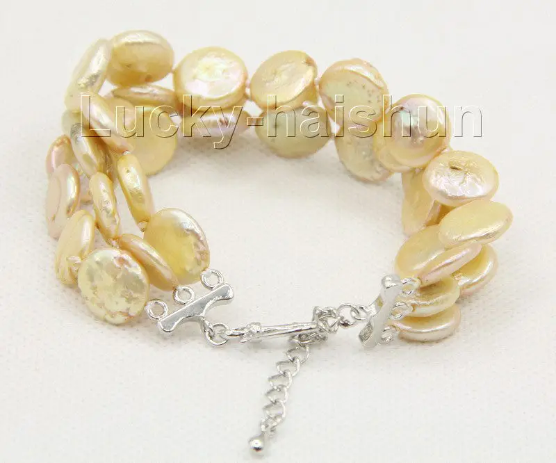 

adjustable 7"-9.5" 3row 12mm coin fastener champagne pearls bracelet j10032@^Noble style Natural Fine jewe SHIPPING new >>free s