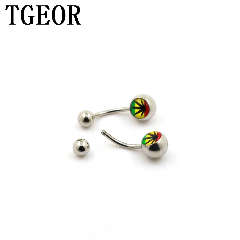 

Hot wholesale 1.6*10*5/8 mm 10pcs rasta rainbow leaf pattern piercing navel ring Stainless Steel belly button ring free shipping